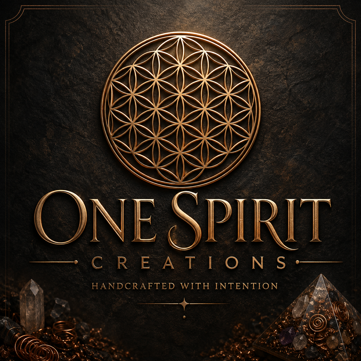 One Spirit Creations Flower of Life logo with crystals and a copper-filled pyramid
